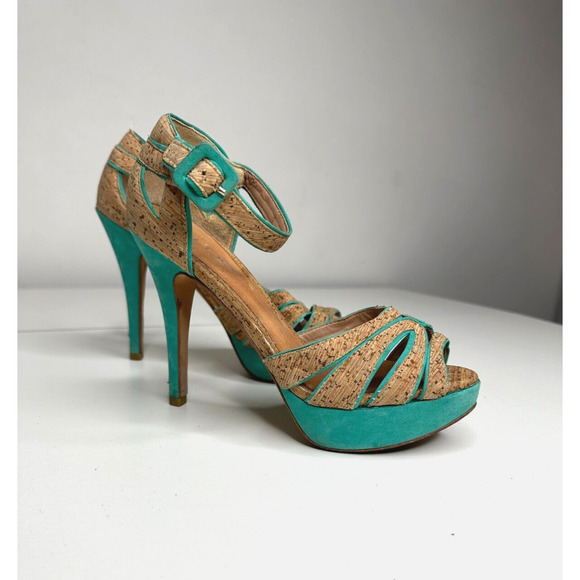 Aldo Platform Turquoise Suede & Tan Cork Stiletto Heel Ankle Strap Sandal 5.5 - Picture 1 of 16